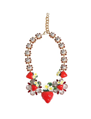 Collier Dolce & Gabbana en laiton doré avec pendentifs FRUIT, fleurs et logo en cristal