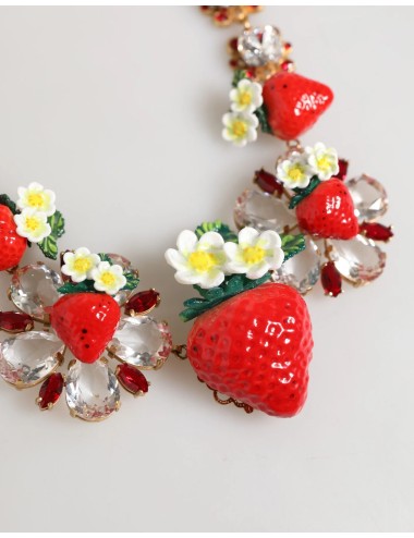 Collier Dolce & Gabbana en laiton doré avec pendentifs FRUIT, fleurs et logo en cristal