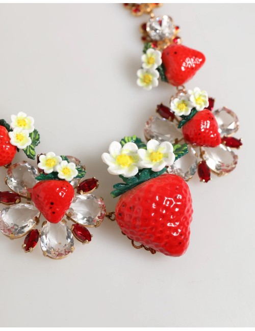 Collier Dolce & Gabbana en laiton doré avec pendentifs FRUIT, fleurs et logo en cristal
