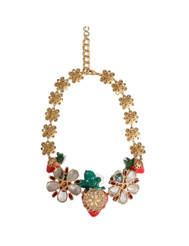 Collier Dolce & Gabbana en laiton doré avec pendentifs FRUIT, fleurs et logo en cristal