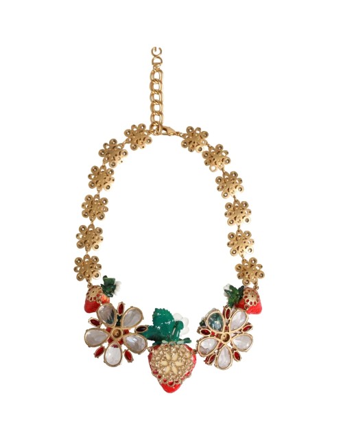 Collier Dolce & Gabbana en laiton doré avec pendentifs FRUIT, fleurs et logo en cristal