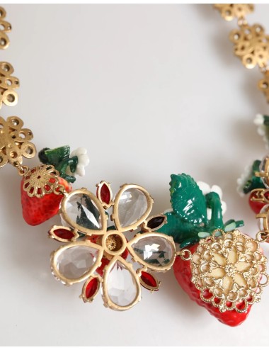 Collier Dolce & Gabbana en laiton doré avec pendentifs FRUIT, fleurs et logo en cristal