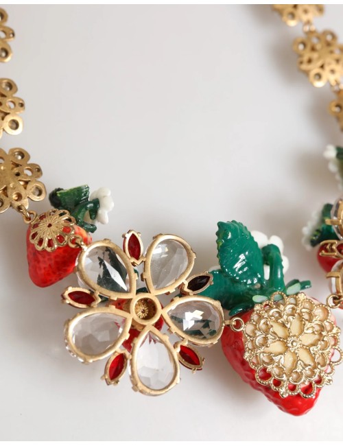 Collier Dolce & Gabbana en laiton doré avec pendentifs FRUIT, fleurs et logo en cristal