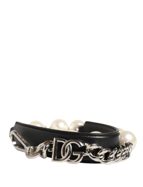 Dolce & Gabbana Bandoulière cuir noir chaîne argent perles luxe