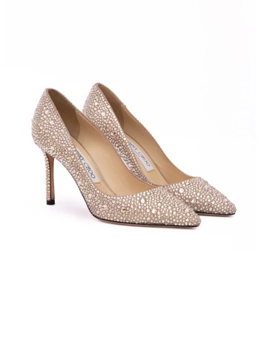 Escarpins Jimmy Choo Romy 85 en daim scintillant couleur miel et or avec cristaux