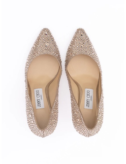 Escarpins Jimmy Choo Romy 85 en daim scintillant couleur miel et or avec cristaux