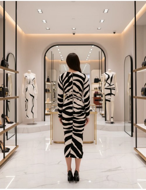 Robe fourreau midi en viscose zébrée noire et blanche Dolce & Gabbana