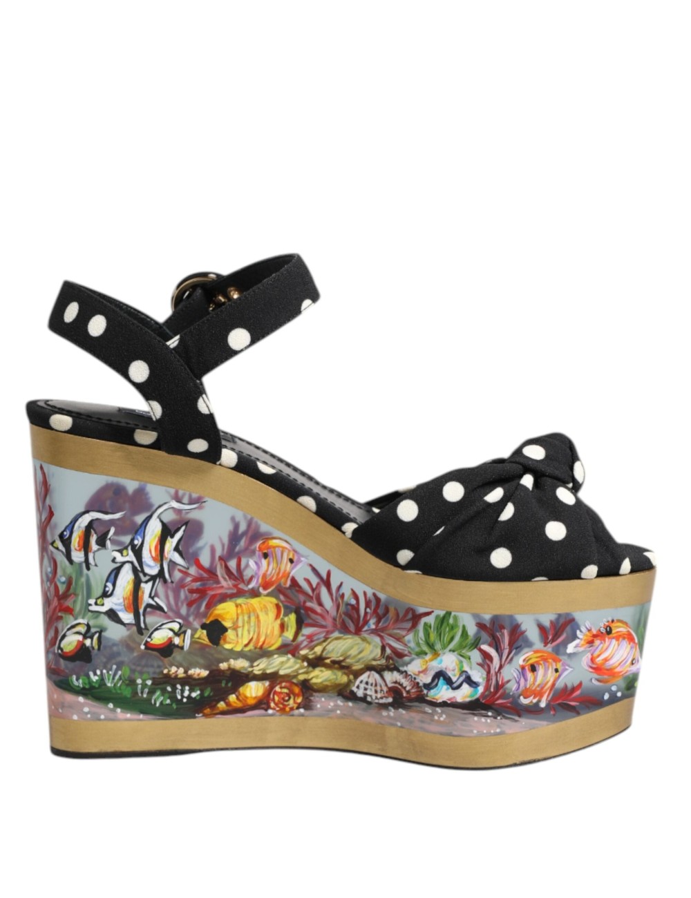 Sandales Compensées Multicolores à Pois et Motif Poisson