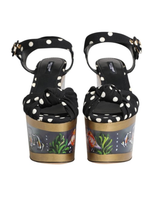 Sandales Compensées Multicolores à Pois et Motif Poisson