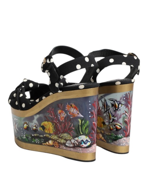 Sandales Compensées Multicolores à Pois et Motif Poisson