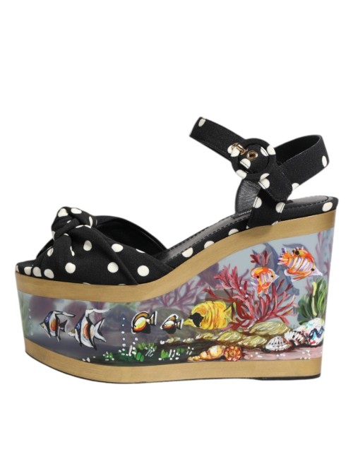 Sandales Compensées Multicolores à Pois et Motif Poisson