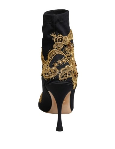 Dolce & Gabbana Black Gold Embroidery Crystal Boots Shoes - Paloma Private Club