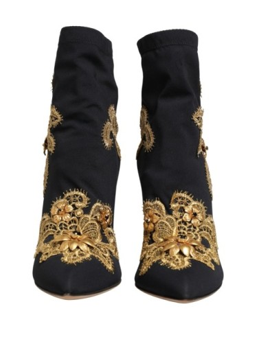 Dolce & Gabbana Black Gold Embroidery Crystal Boots Shoes - Paloma Private Club