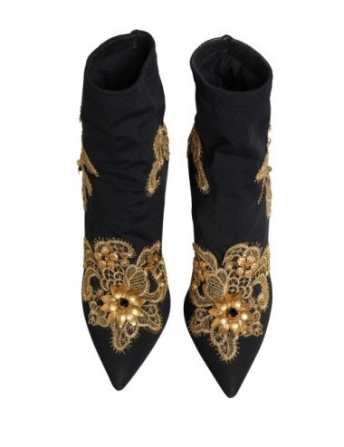 Dolce & Gabbana Black Gold Embroidery Crystal Boots Shoes - Paloma Private Club