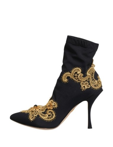 Dolce & Gabbana Black Gold Embroidery Crystal Boots Shoes - Paloma Private Club
