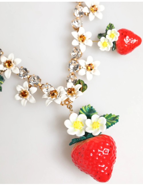 Collier Dolce Gabbana avec pendentifs en laiton doré et logo en cristal et fleurs