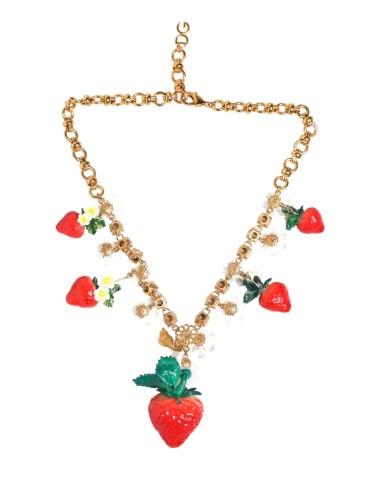 Collier Dolce Gabbana avec pendentifs en laiton doré et logo en cristal et fleurs