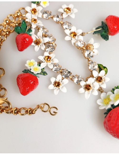 Collier Dolce Gabbana avec pendentifs en laiton doré et logo en cristal et fleurs