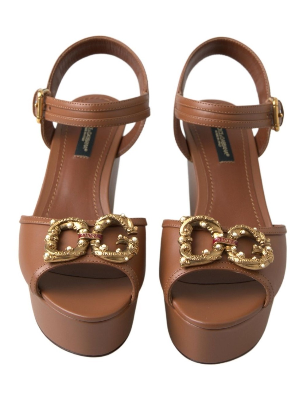 Sandales Compensées Dolce & Gabbana AMORE en Cuir Marron
