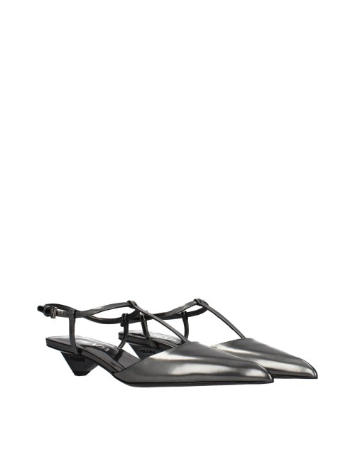 PRADA MULES LOGO CUIR GRIS FONCÉ