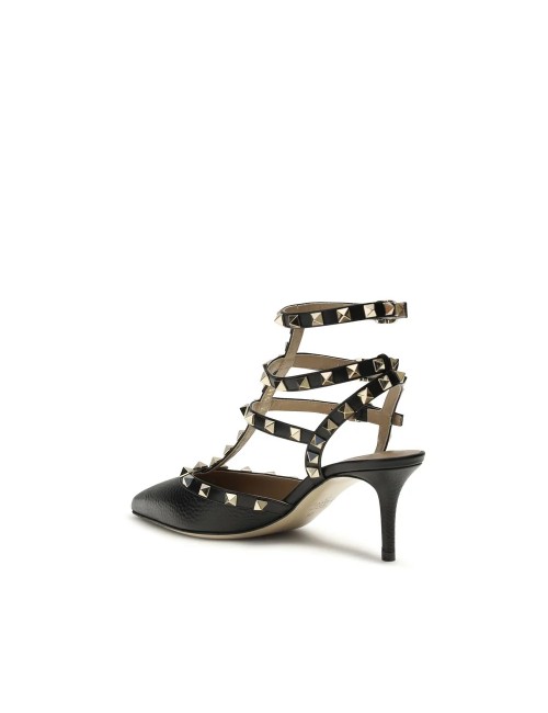 VALENTINO GARAVANI ROCKSTUD ESCARPINS CUIR NAPPA LAMÉ NOIR 65MM