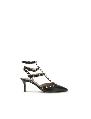 VALENTINO GARAVANI ROCKSTUD ESCARPINS CUIR NAPPA LAMÉ NOIR 65MM