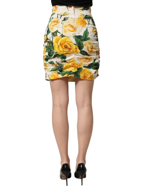 Jupe Mini Fourreau Imprimé Roses Blanc Taille Haute — Luxe Femme