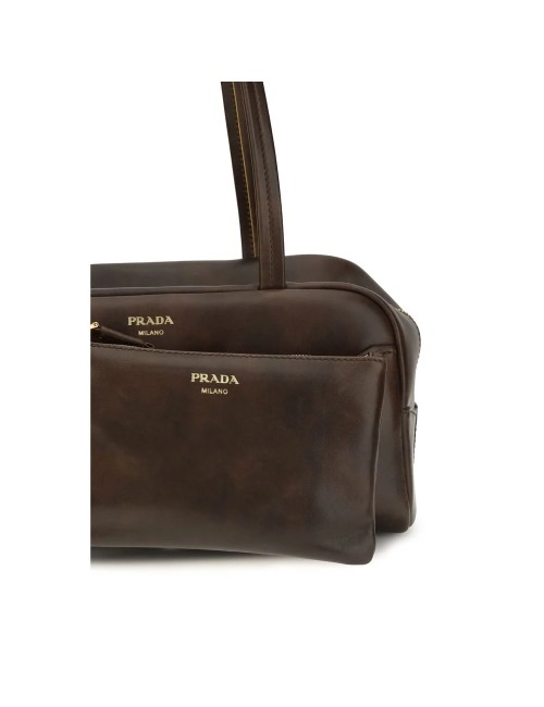 PRADA SAC D'ÉPAULE FEMME EN CUIR MARRON CACAO