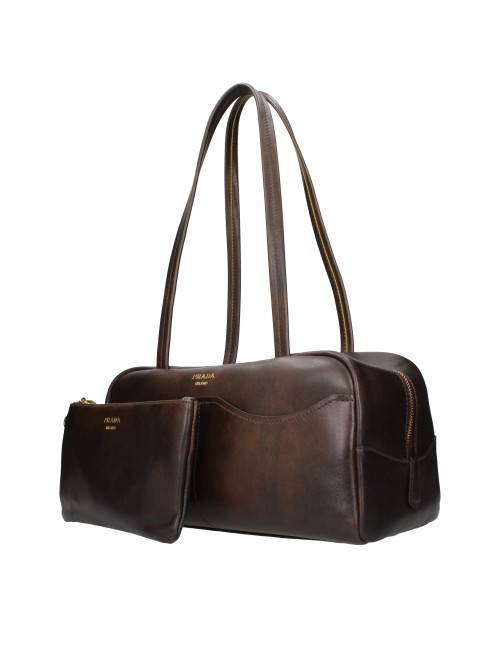 PRADA SAC D'ÉPAULE FEMME EN CUIR MARRON CACAO